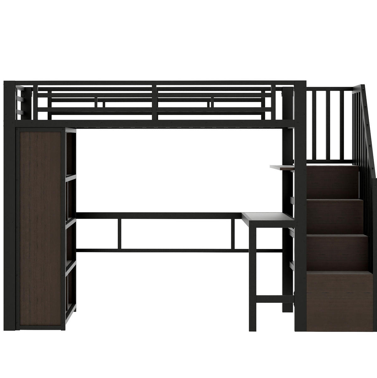 HOCHBETT aus Metall und MDF 90x200 cm Schwarz mit Schreibtisch, LED-Lichtleiste und Stauraumtreppe - Schwarz, Metall (90/200cm) - Modfu
