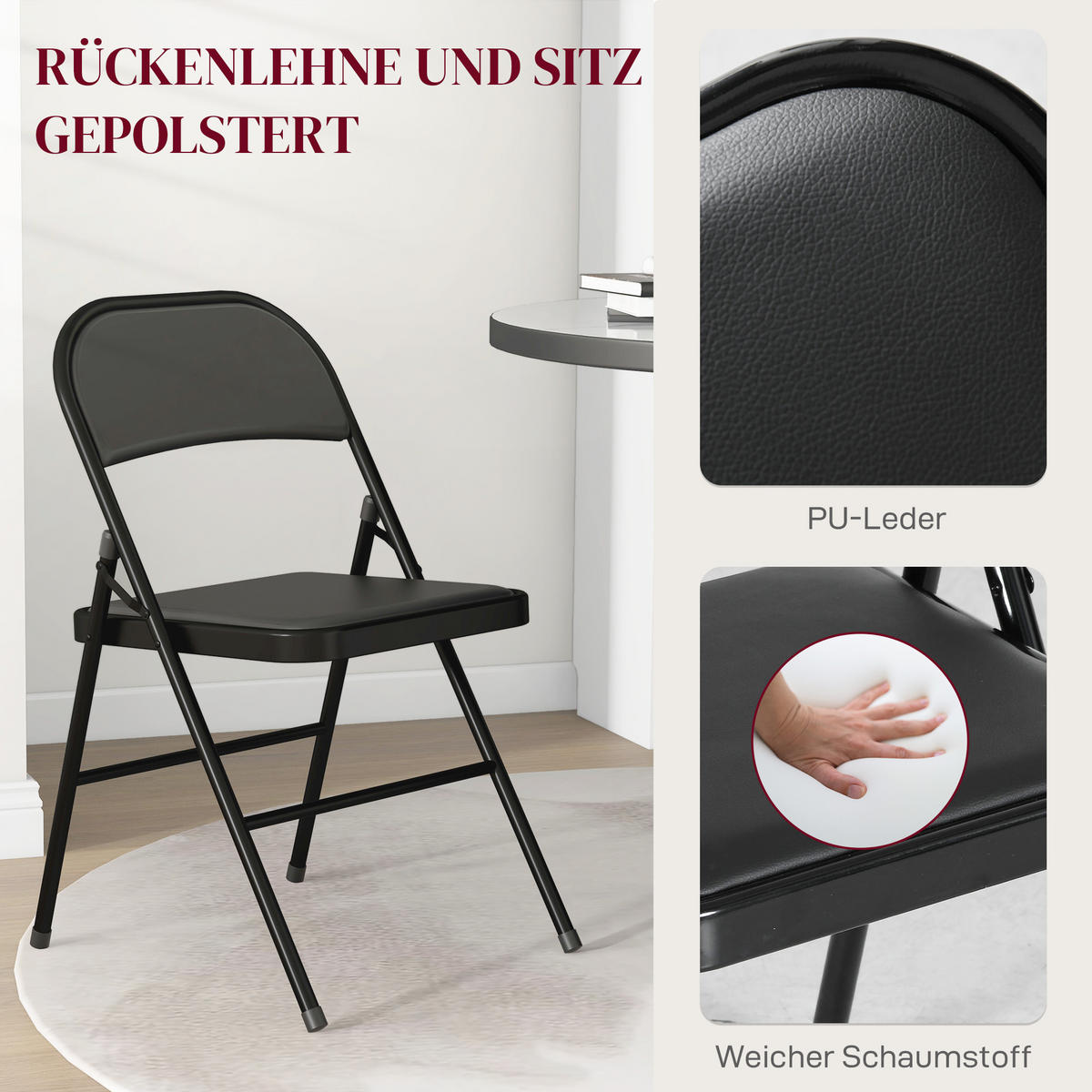 2ER-SET Klappstühle Tragbare Bürostuhl mit Kissen Stahlbeine Kunstleder, Schwarz - Schwarz, Kunststoff/Metall (46/78/45cm) - HOMCOM