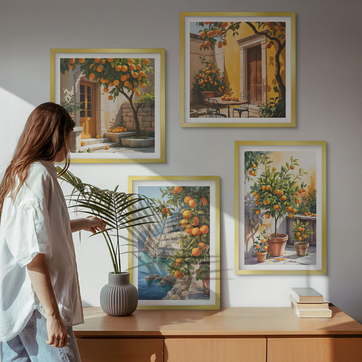 WANDBILDER 4er Set - 50x50 cm & 40x60 cm Goldrahmen - Gemalte Zitruslandschaften - Goldfarben, Kunststoff (50/50cm) - ArtPrintCave
