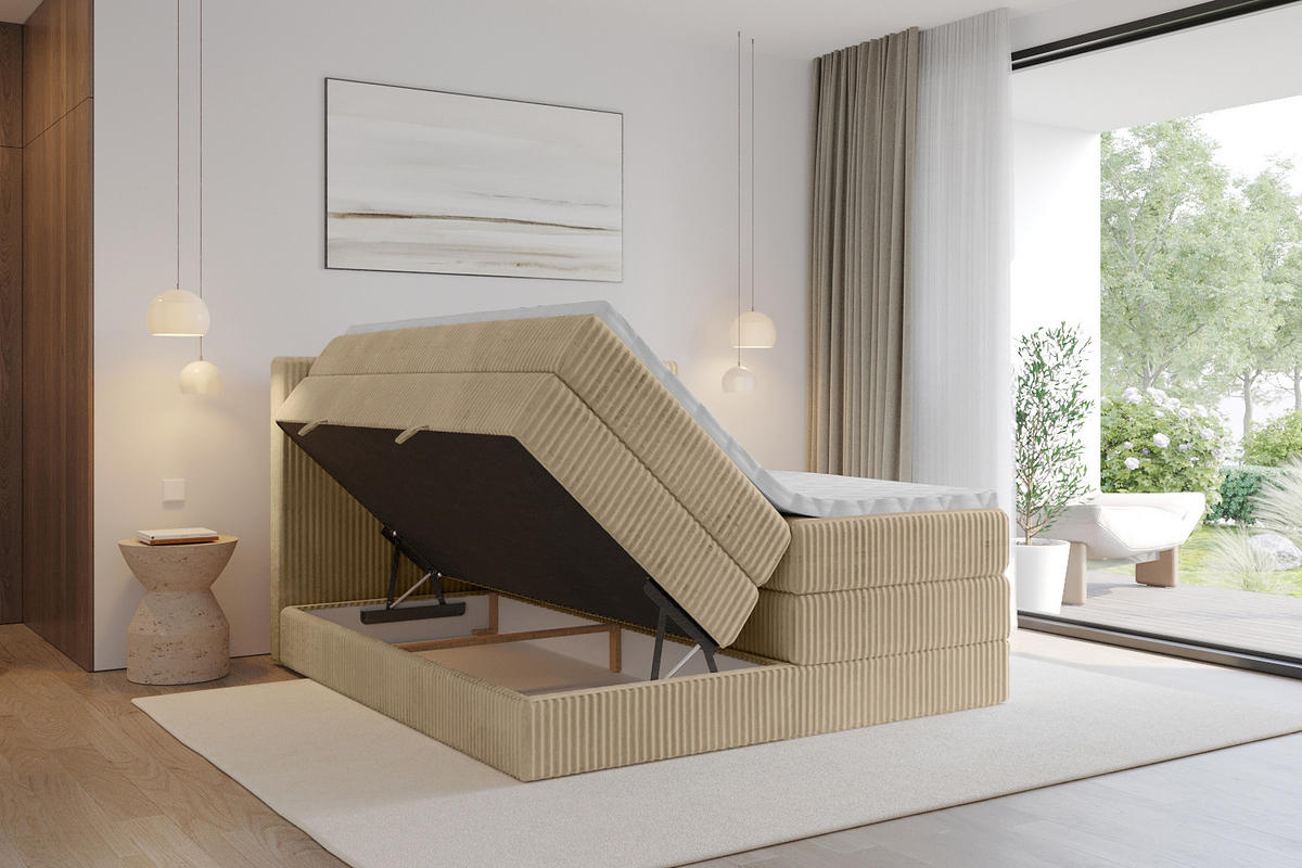 BOXSPRINGBETT mit Matratze H3|H4 und Lattenrost - TOLO KING 140x200 Cord - Beige - Beige, Holzwerkstoff (140/200cm) - ALTDECOR