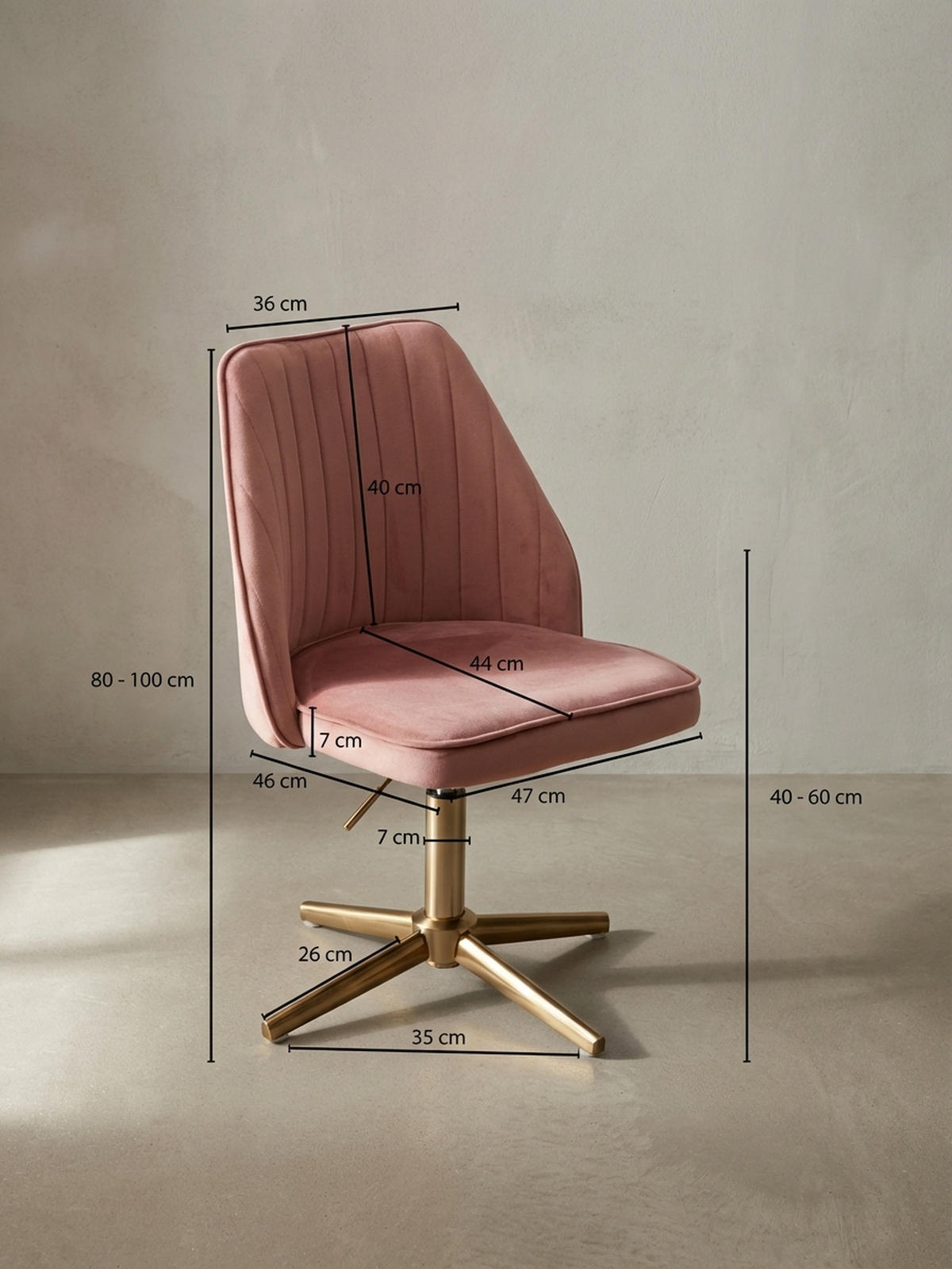 DREHSTUHL Samt mit Höhenverstellung, Eisenfuß und 360° Drehfunktion TANARO, Rosa - Pink/Goldfarben, Textil/Metall (60/100/60cm) - KADIMA DESIGN