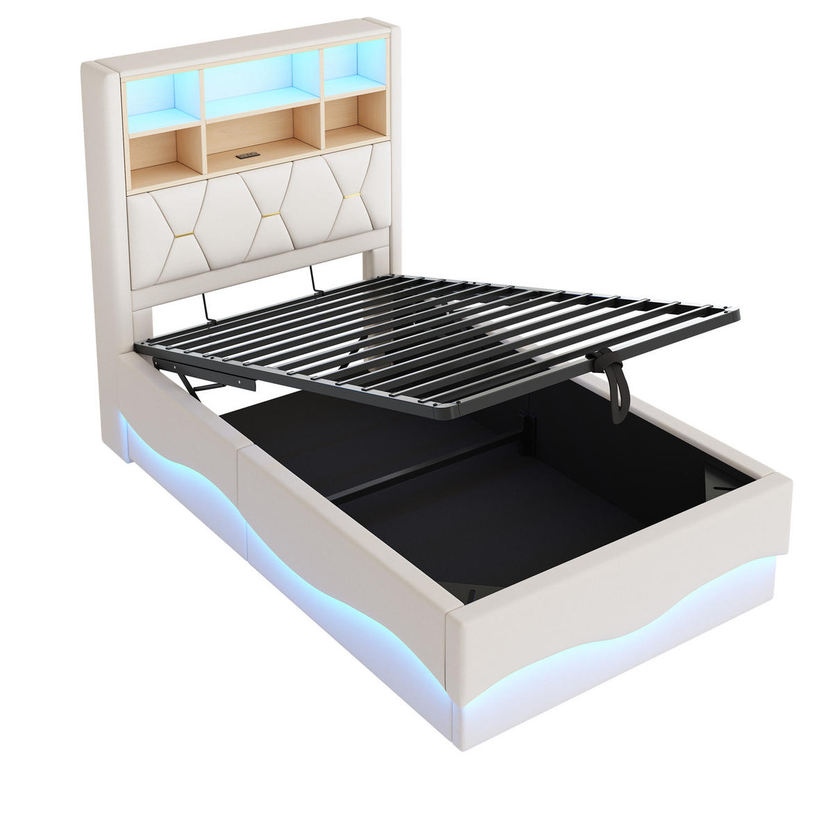 KINDERBETT 90/200 cm mit LED-Beleuchtung, USB-Anschluss, hydraulischem Stauraum und Leinenbezug, Beige - Beige, Metall (90/200cm) - Redom