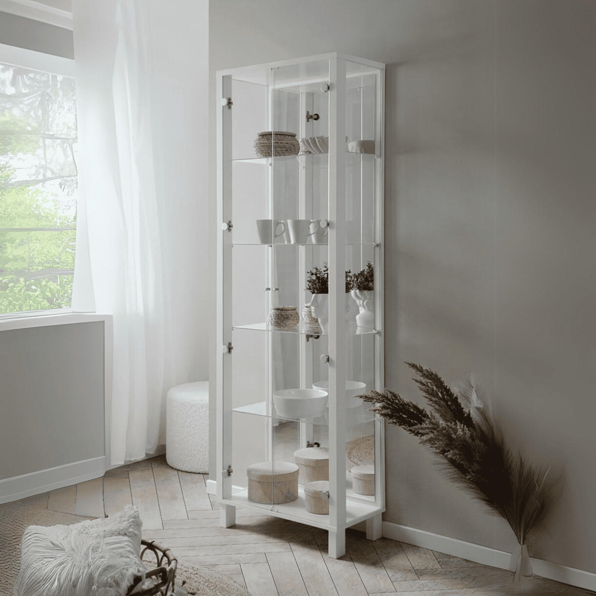 VITRINE 2 Tür und 4 Glasböden - Albi - 62/33/189 cm - Weiß, Holzwerkstoff (33/189/62cm) - Calicosy