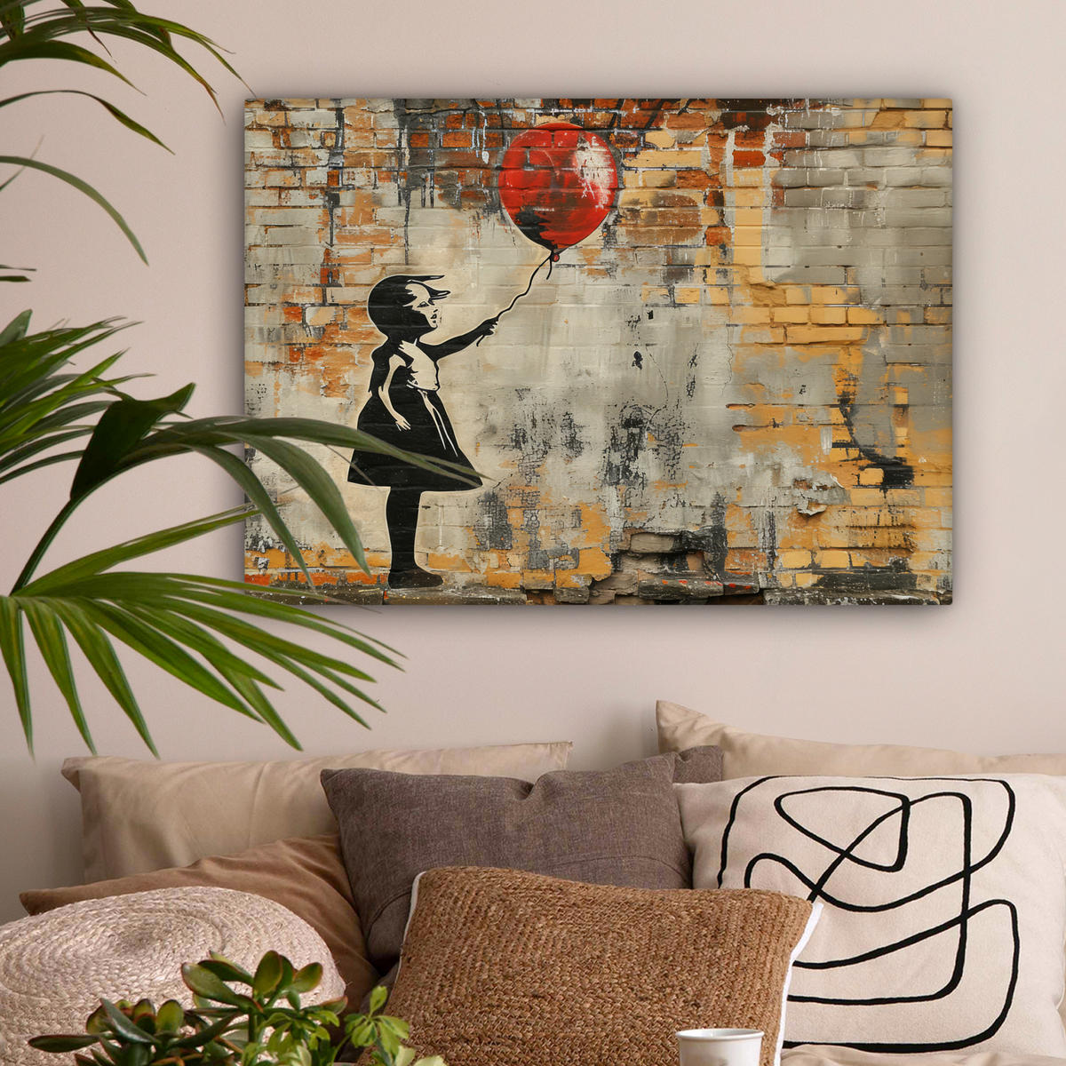 LEINWANDBILD Graffiti - Banksy - Mädchen - Straßenkunst Wandbilder 80x60 cm - Sandfarben, Textil (80/60cm) - MuchoWow