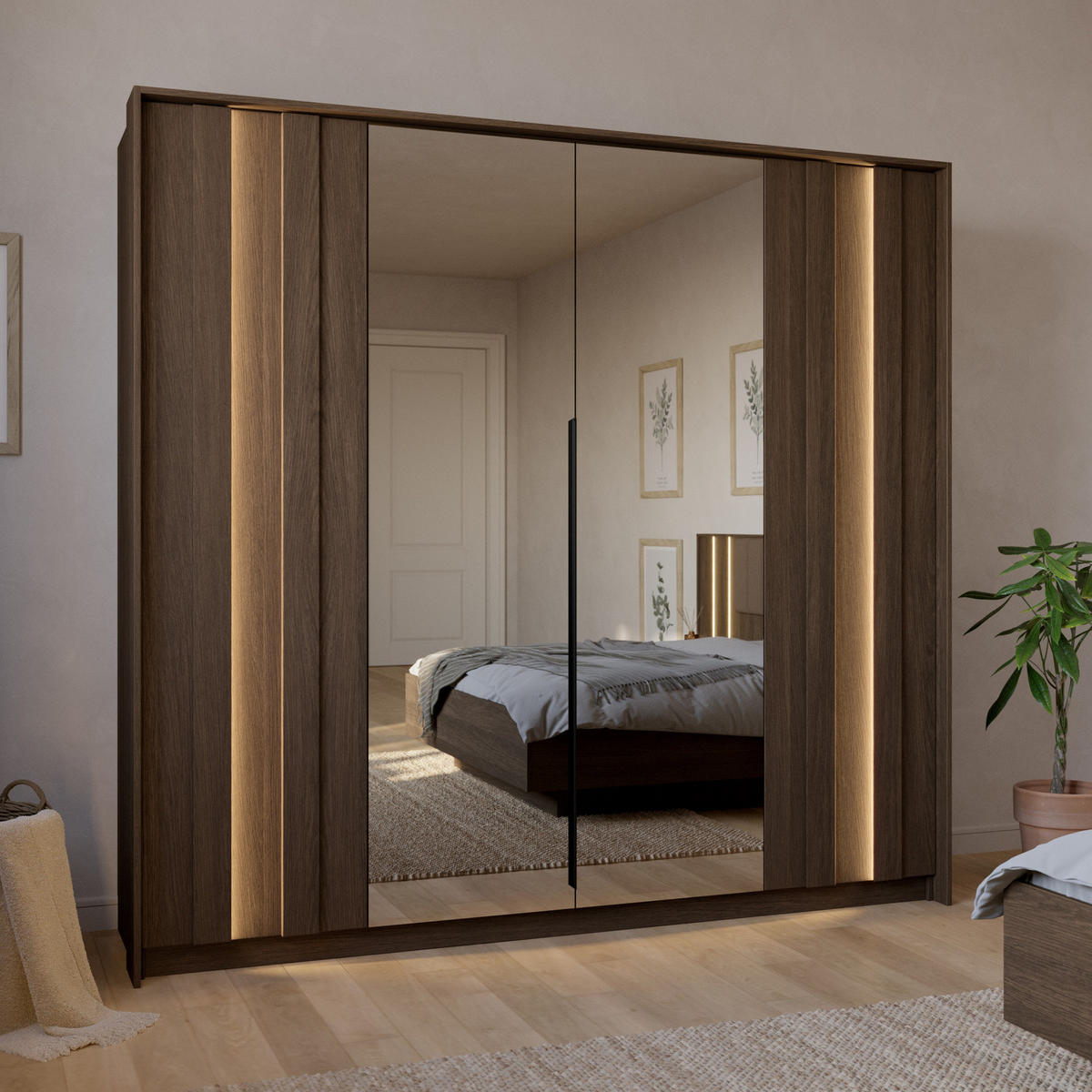 KLEIDERSCHRANK LUPO 223 cm Eiche Dunin - mit 4 Türen, Spiegel und LED-Beleuchtung - Eichefarben/Schwarz, Holz/Holzwerkstoff (223/210/60cm) - Ravio
