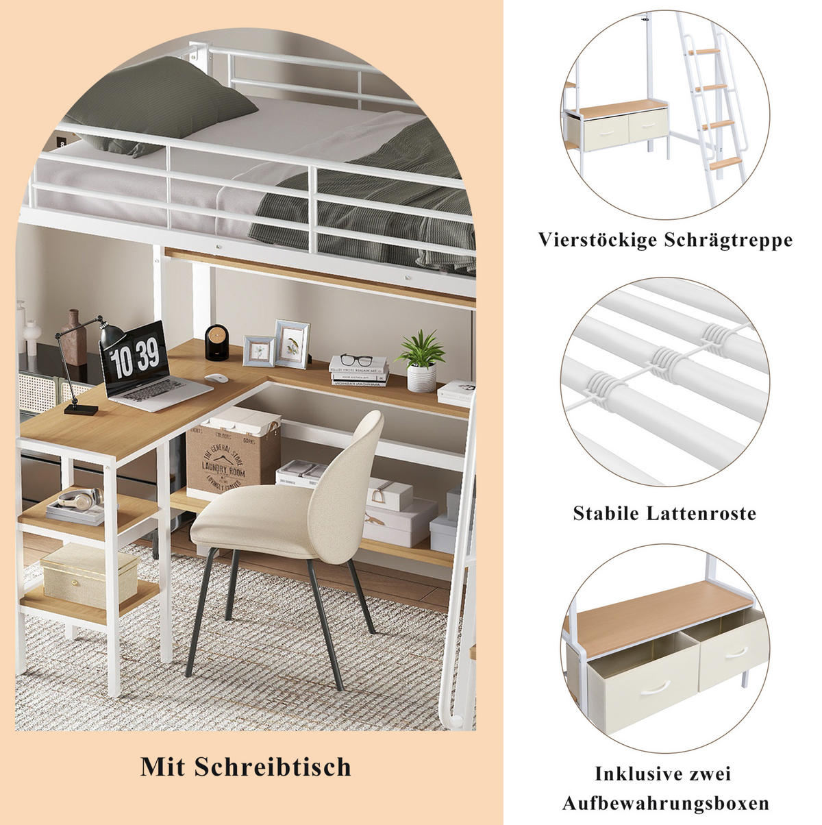 HOCHBETT 90/200 cm Weiß/Natur aus Eisen und MDF mit Schreibtisch - Weiß, Metall (90/200cm) - OKWISH