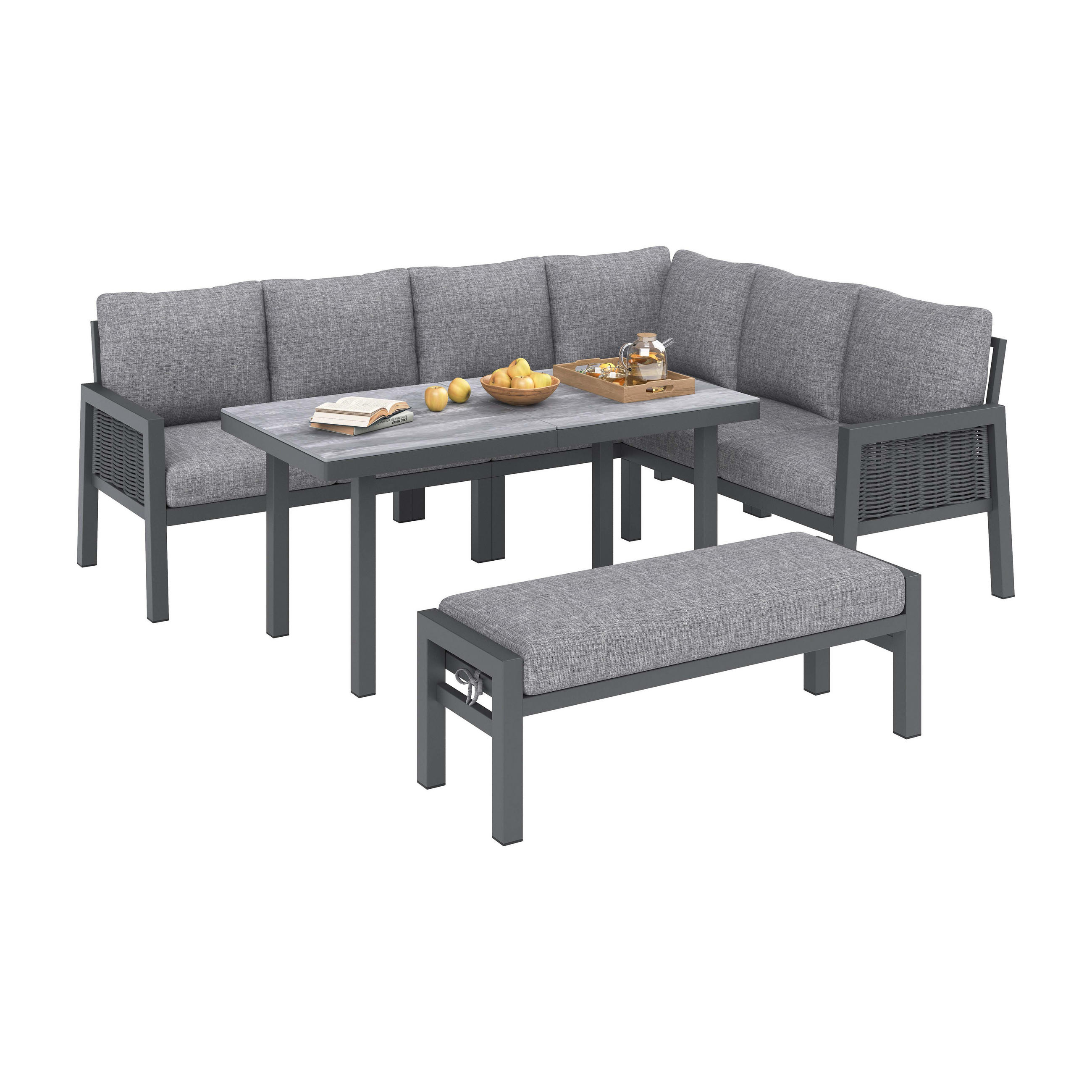 GARTEN-ESSGRUPPE 8 Personen Eckstellung Glastisch Grau - Grau, Textil - FLIEKS