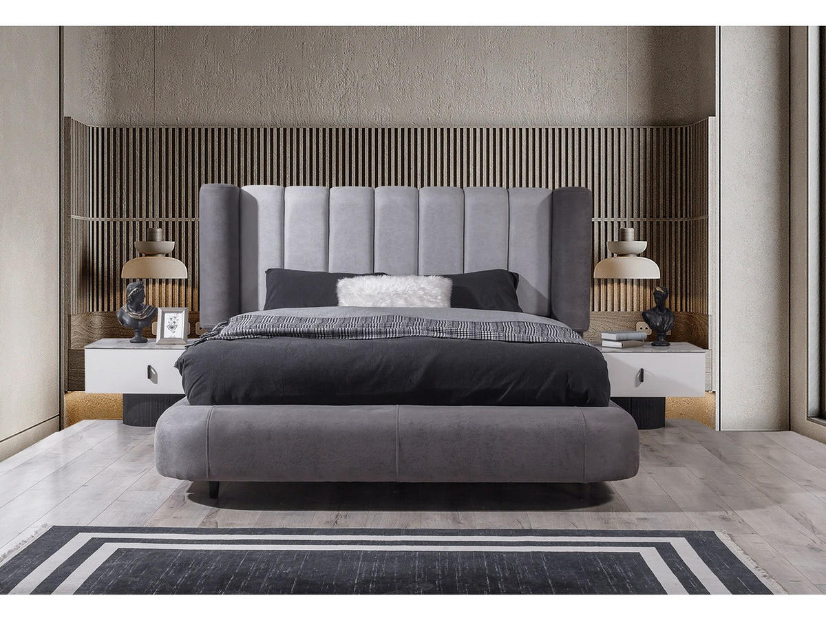 BETTANLAGE Barcelona Typ-1 Bett mit Kopfteil, 2 Nachttische, Kleiderschrank und Kommode - Anthrazit, Holzwerkstoff (160/200cm)