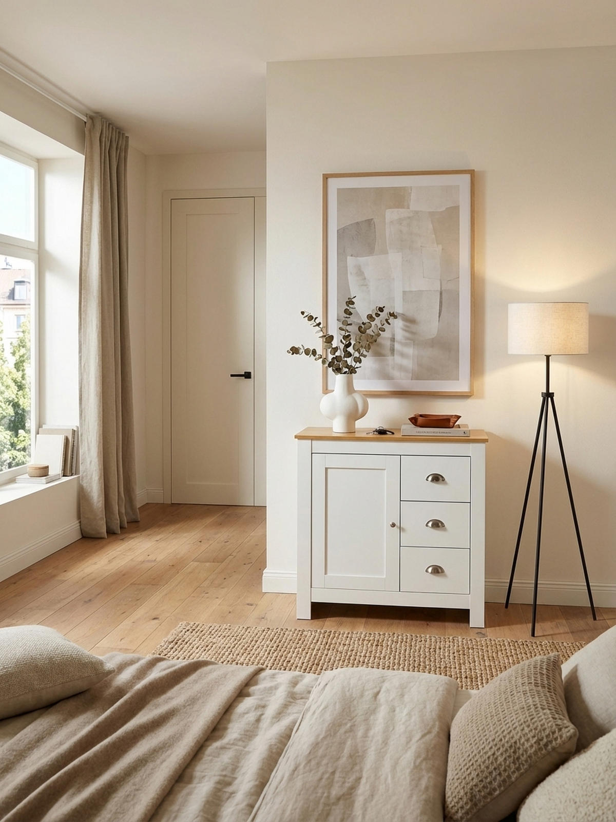 KOMMODE – Eiche-Finish, 3 Schubladen, 2 Türfächer - Weiß, Holz/Metall (79/81/35cm) - KADIMA DESIGN