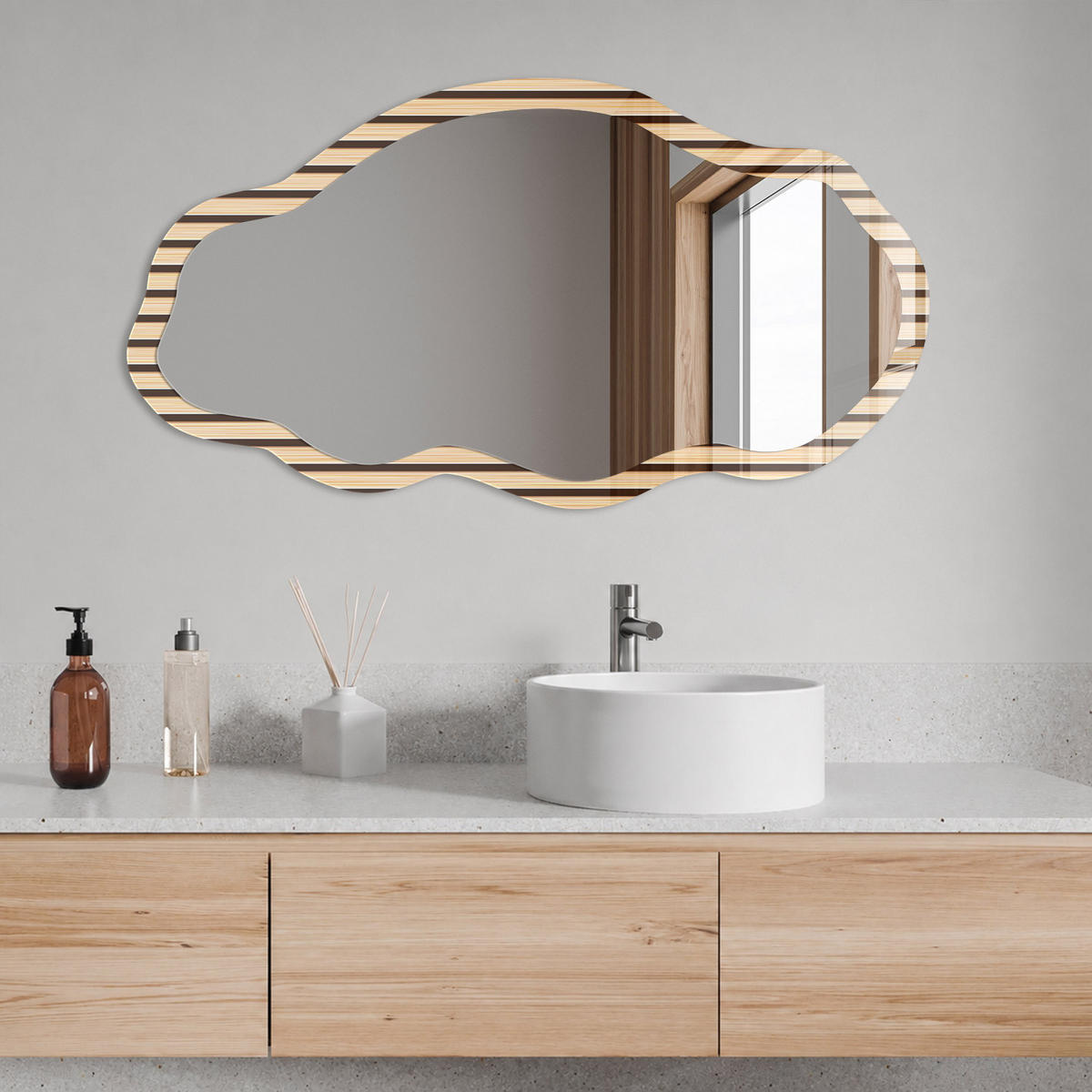 SPIEGEL 90x45 cm asymmetrisch mit Druck - Holzleisten - Transparent, Glas (45/90/0.4cm) - TULUP