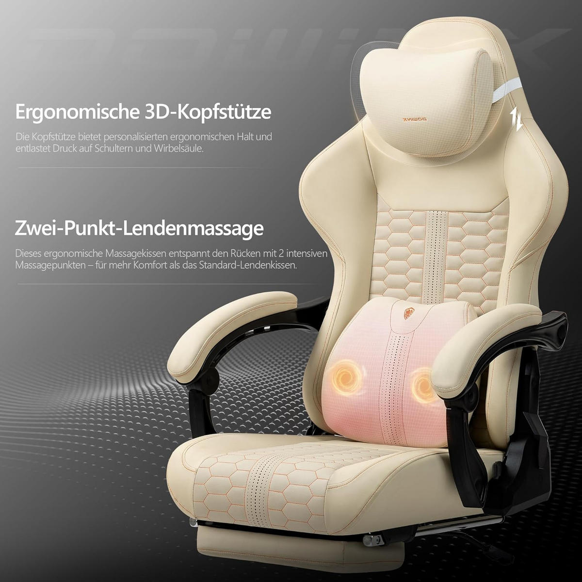 GAMING-STUHL & hoher Rückenlehne, Massagefunktion PU-Leder - Weiß, Leder (61/117/61cm)