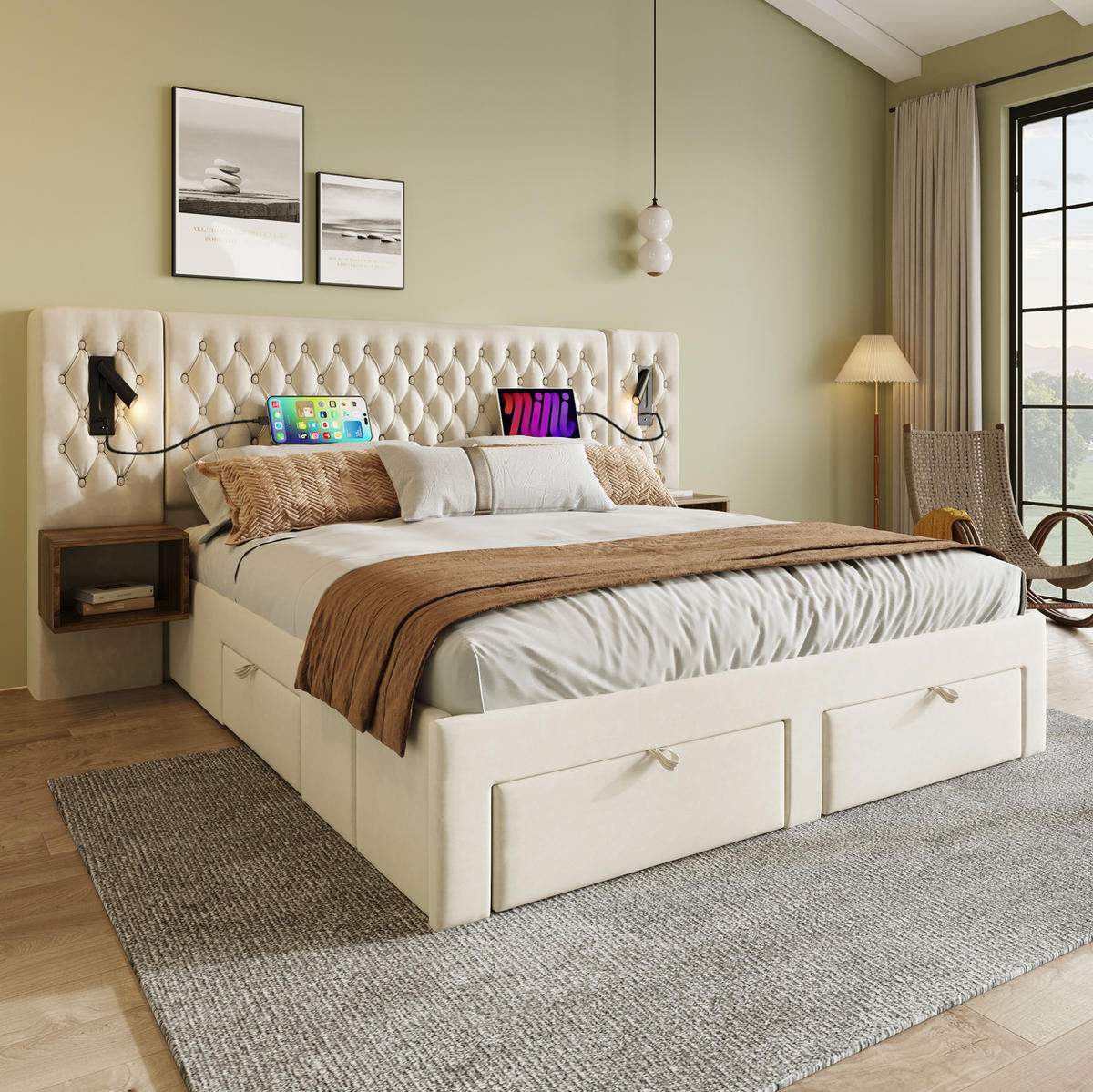 BETTANLAGE mit 2 Nachttischen und 4 Schubladen 160x200 cm Samt Beige - Beige, Metall (160/200cm) - Meubliv