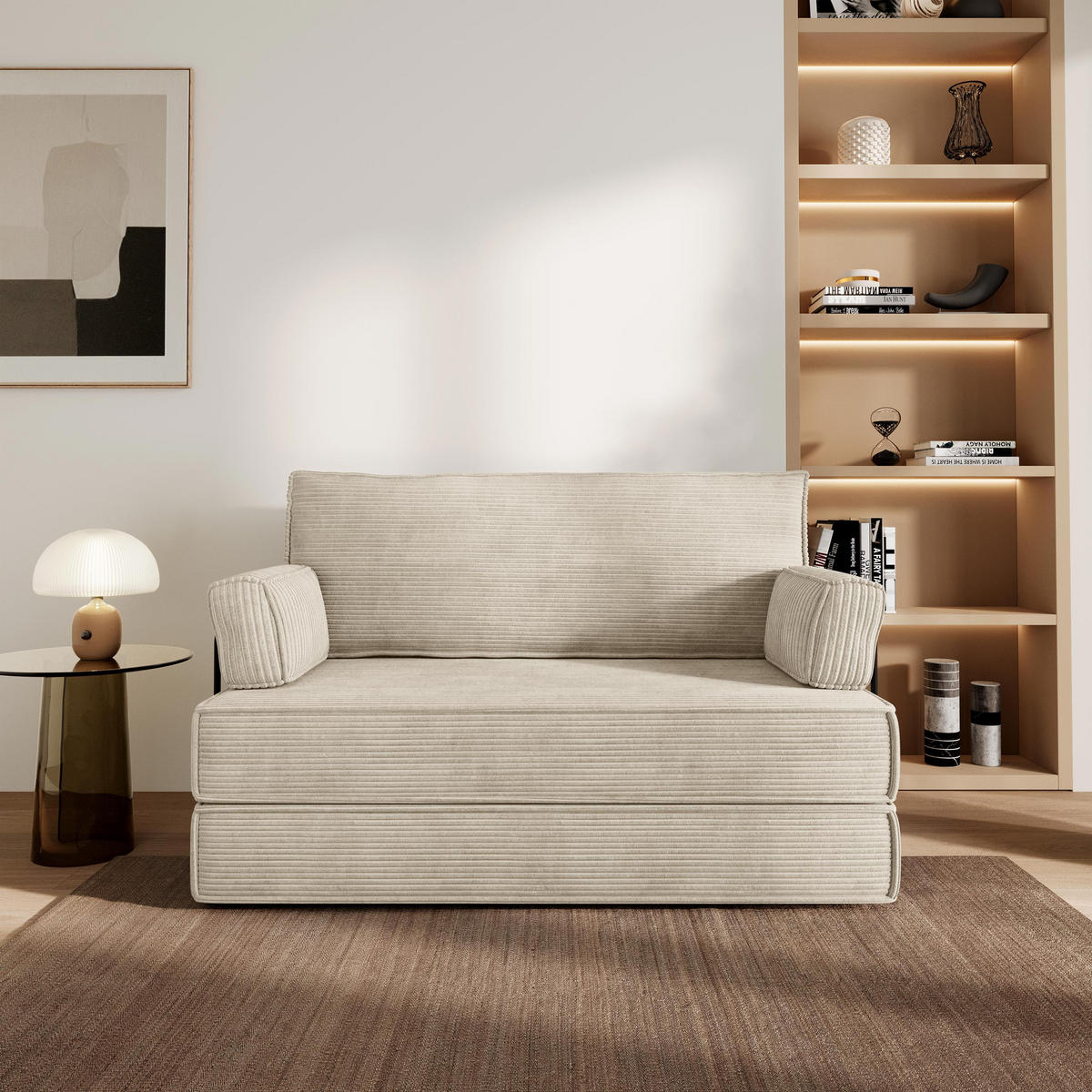 BETTSOFA LADIA aus Schaumstoff Cordstoff Creme Schlaffunktion - Creme, Textil (140/86/60cm) - MASSENO