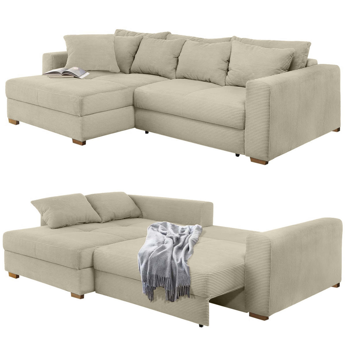 ECKSOFA-DAUERSCHLÄFER Federkern Bettkasten, seitenverkehrt montierbar B288/T186/H86 cm, Liegefl. 153x245 cm, Cord Beige Grau / 15154 - Greige/Eichefarben, Holz/Textil (288/186cm) - luma-home
