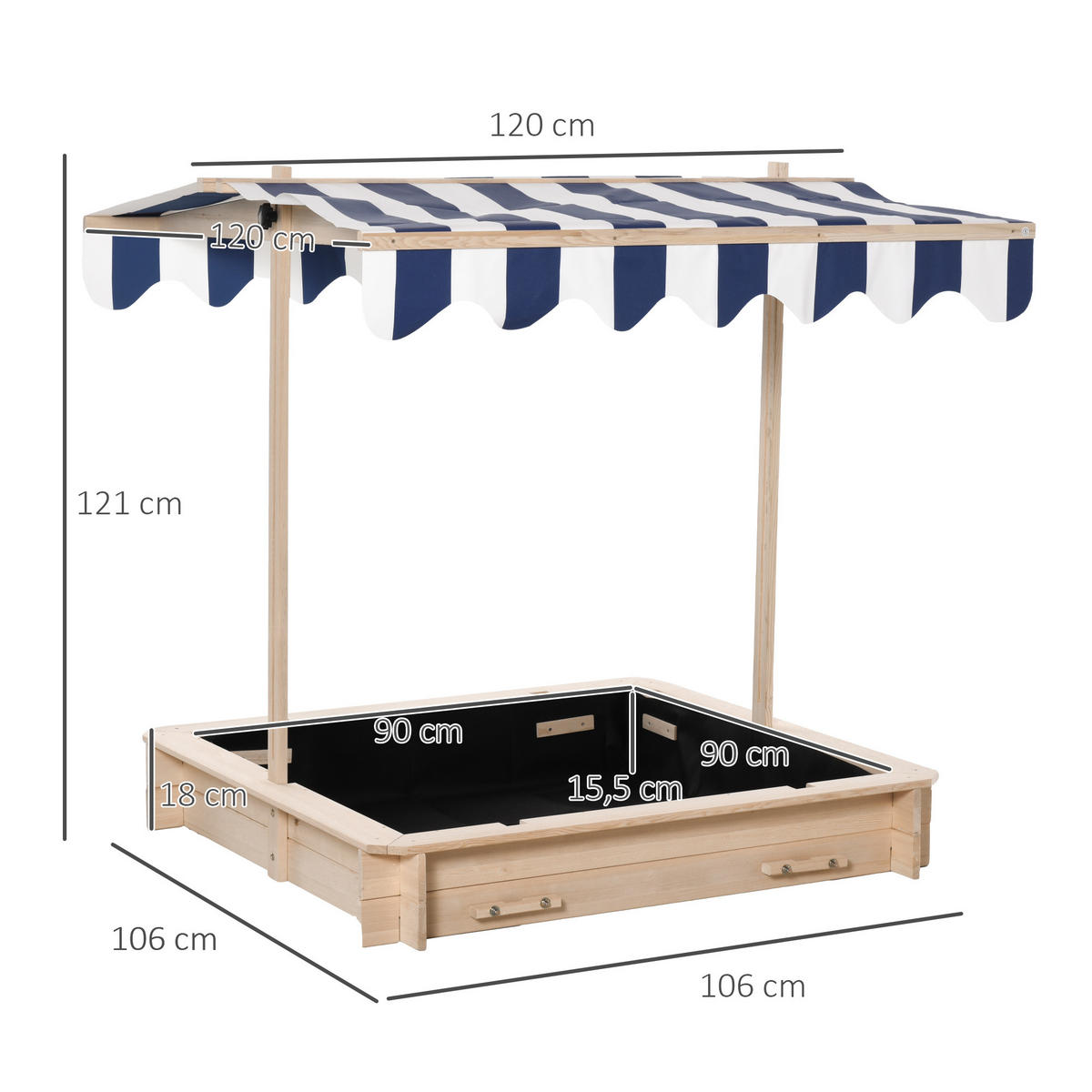 SANDKASTEN, Natur+Blau+Weiß, Tannenholz, Polyester-Stoff - Naturfarben, Holz (106/106/115cm) - Outsunny