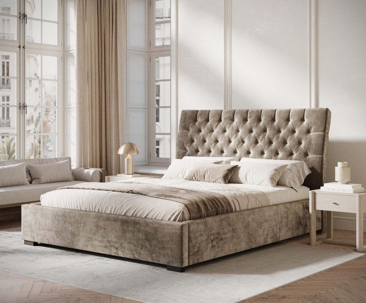POLSTERBETT Vezzola Beige 160/200 cm im Chenille-Stoff - Beige/Schwarz, Holz/Holzwerkstoff (160/200cm) - Maison de Reve