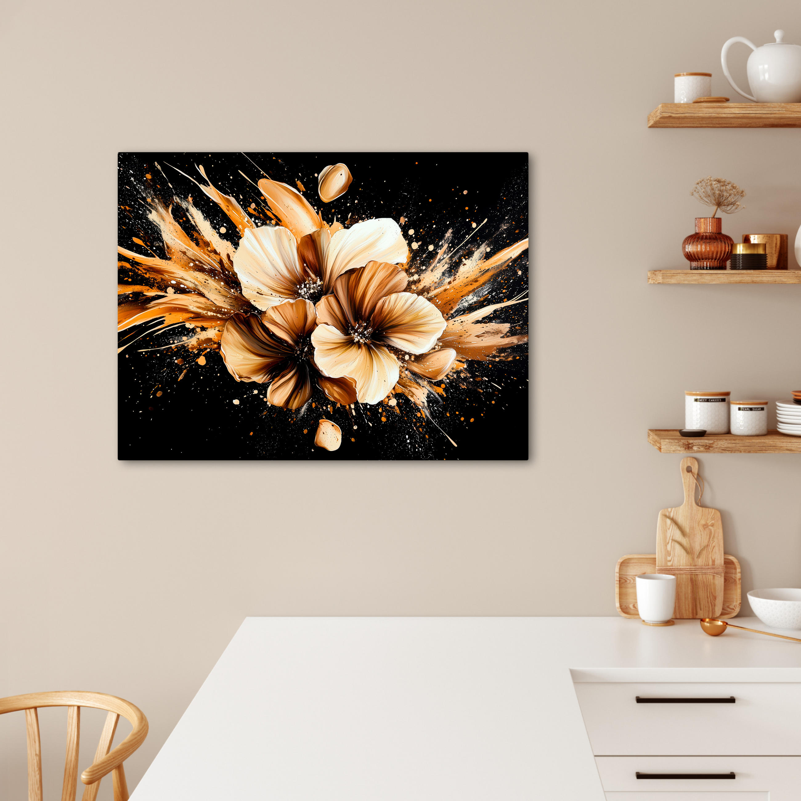 LEINWANDBILD Blumen - Gold - Graffiti - Schwarz - Abstrakt Wandbilder 80x60 cm - Cappuccino, Textil (80/60cm) - MuchoWow