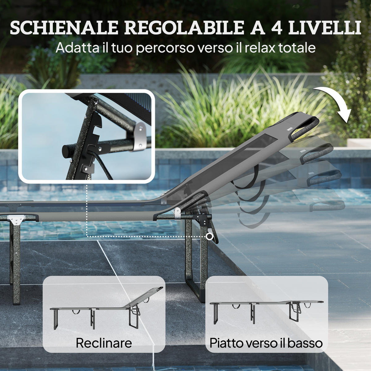 OUTDOOR-KLAPPLIEGE, Einheitsmodell, Gris, 4-fach verstellbar mit Griff - Grau, Metall (175/68/58cm) - Vallsero
