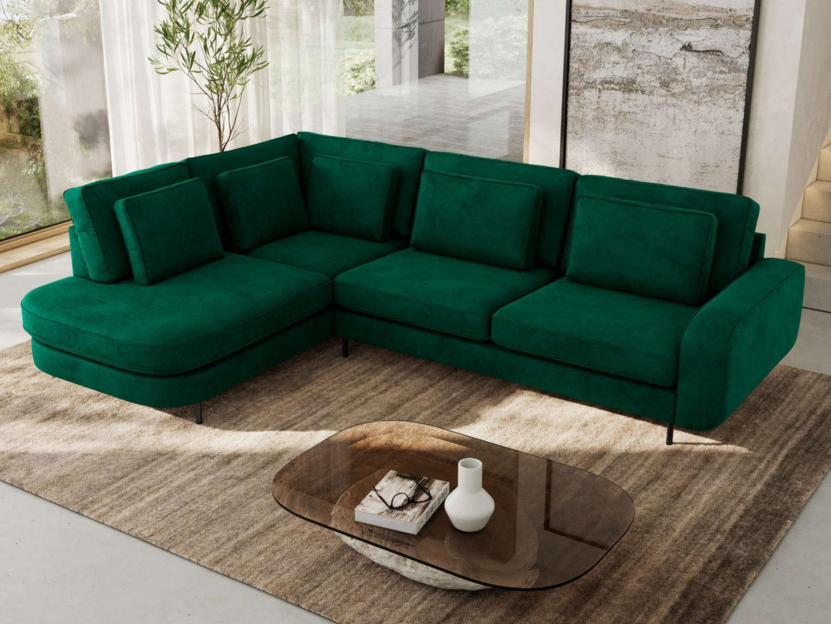 ROHOVÁ SEDAČKA CALENO L - Zelený Samet - Pravá Strana - černá/tmavě zelená, kov/textil (317/225cm) - MKS