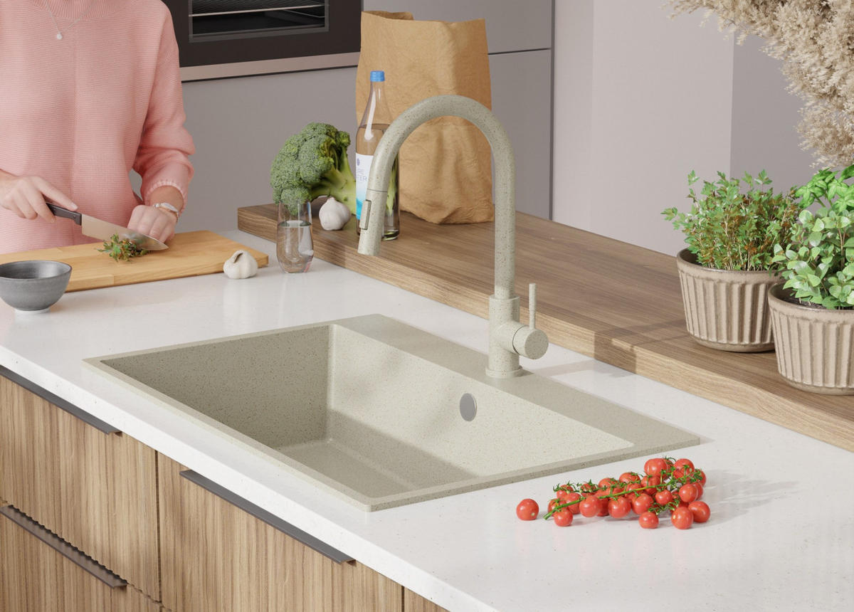 GRANITSPÜLE Riga, 3-er set Alles Beige 78/50 cm, 1 Becken + Küchenarmatur 32/20 cm + Ablauf-Set ab 80er Unterschrank - Beige, Kunststoff (78/20/50cm) - Primagran