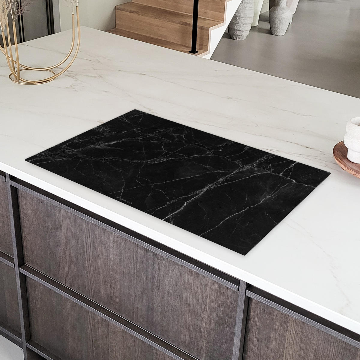 HERDABDECKPLATTE Schwarz - Marmor 91x52 cm - Schwarz, Kunststoff (91.2/0.2/52cm) - MuchoWow