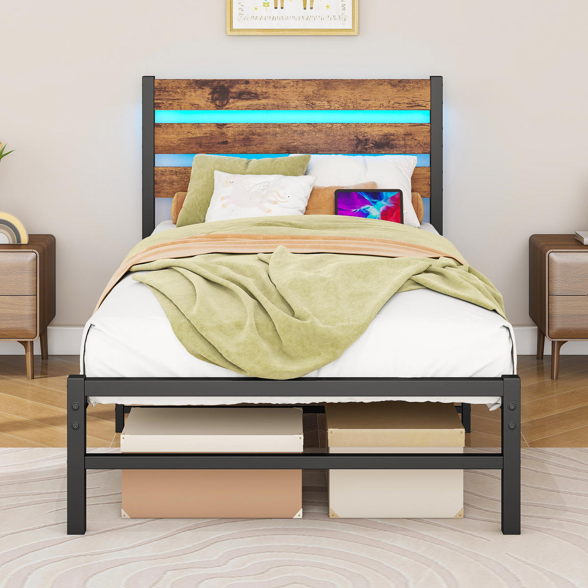 METALLBETT 90/200 cm Braun mit USB-Ladestation und LED-Bettrahmen - Braun, Metall (90/200cm) - Oxeza