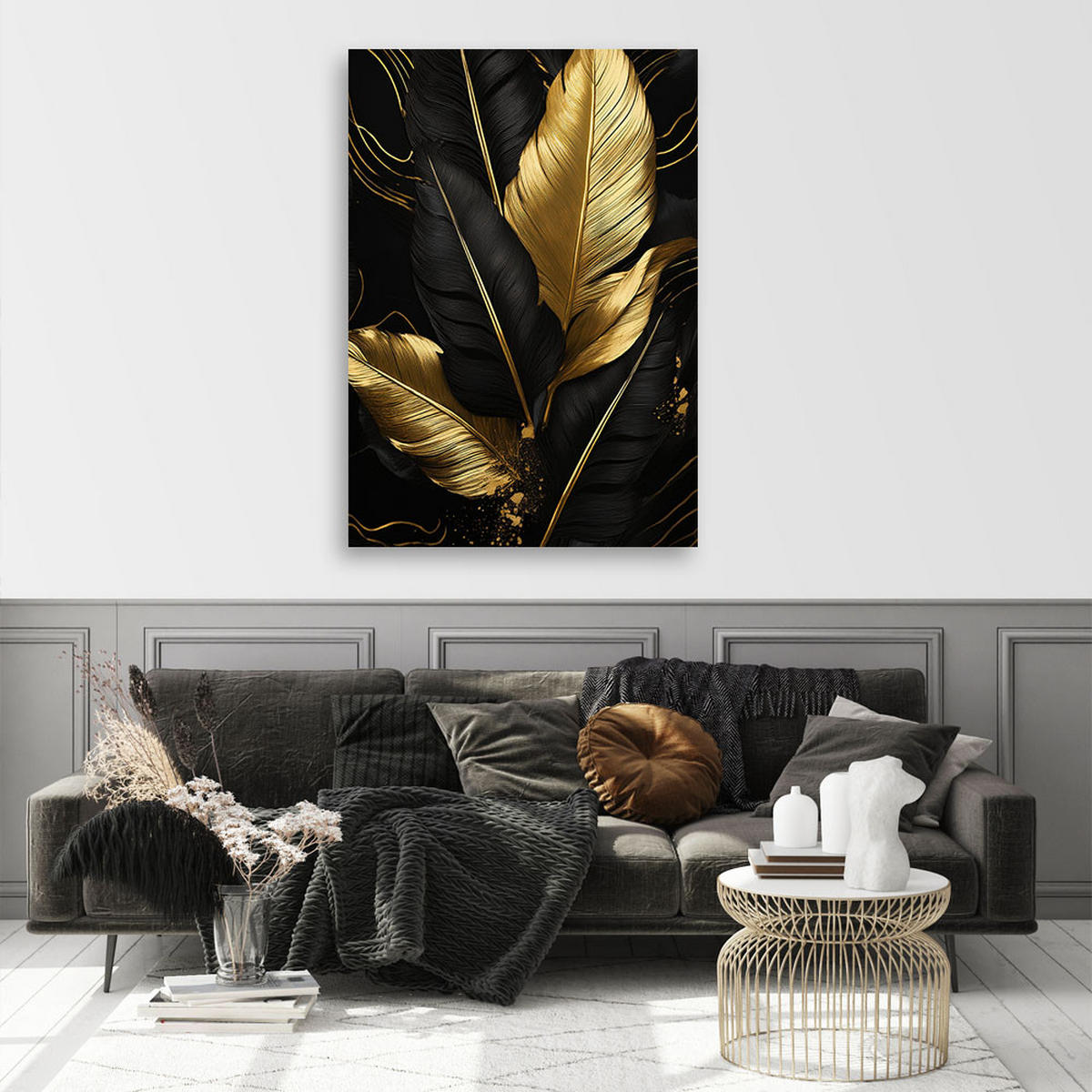 WANDBILD schwarze und goldene palmblätter - Goldfarben, Textil (70/100cm) - Feeby