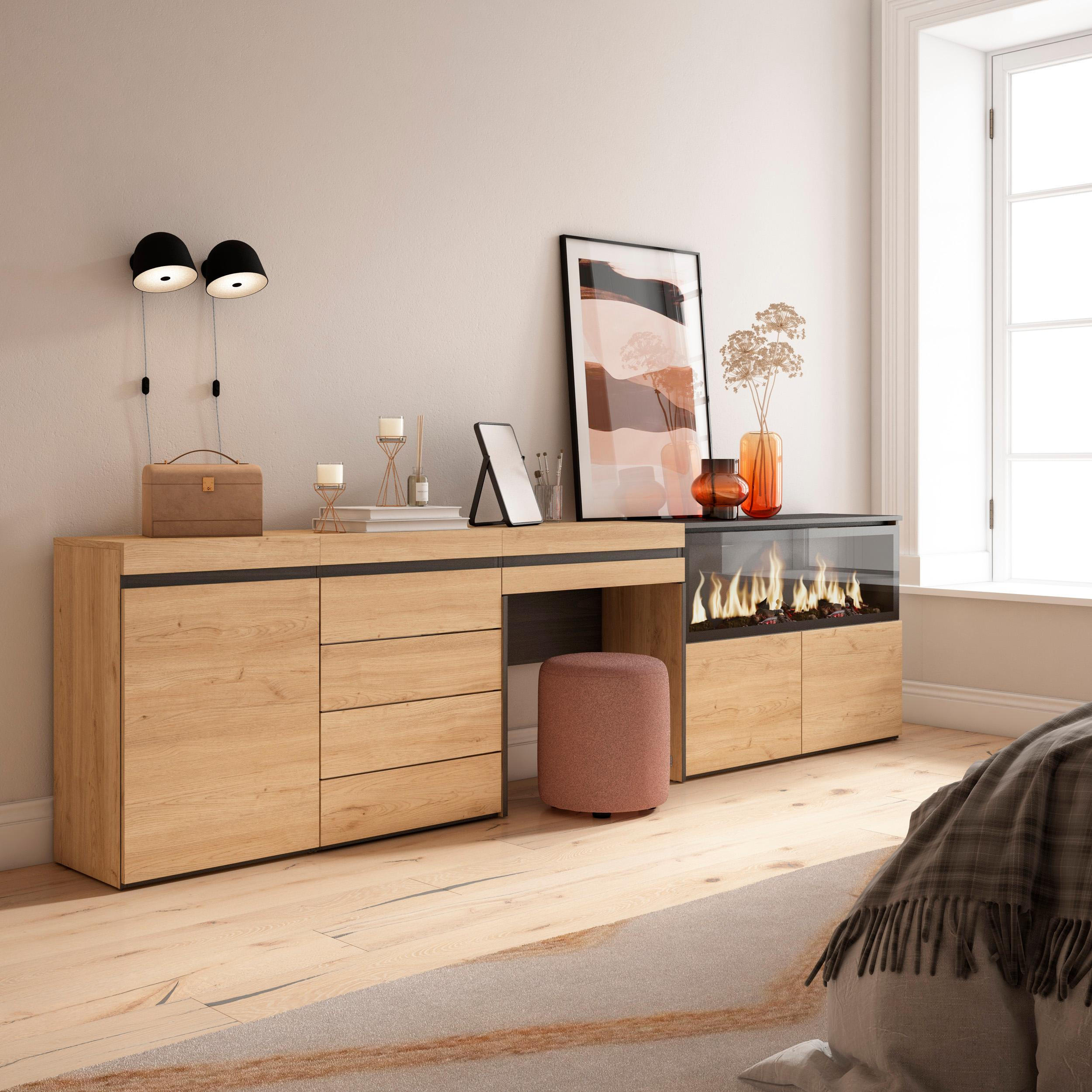 SIDEBOARD mit Konsolentisch Elektrokamin XXL, eiche, 284/35/75cm - Eichefarben, Holzwerkstoff (284/75/35cm) - Skraut Home
