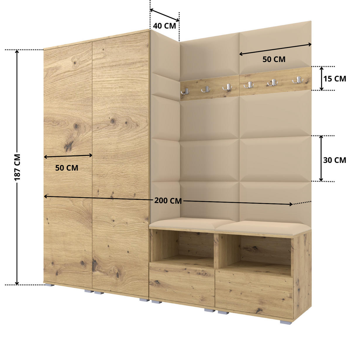 GARDEROBE NELA VI 200 cm (Kompaktgarderobe Artisan Eiche mit Sitzpolster Beige 04 Schrank & Paneel) - Beige/Silberfarben, Holz/Holzwerkstoff (200/187/40cm) - Ravio