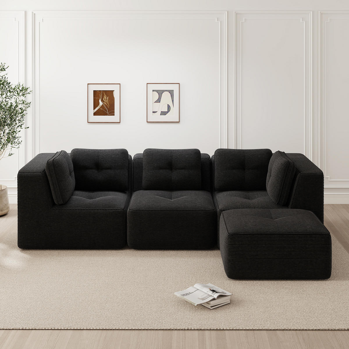 ECKSOFA Cord Schwarz mit Kissen und Hocker - Schwarz, Textil (297/177cm) - WISHDOR