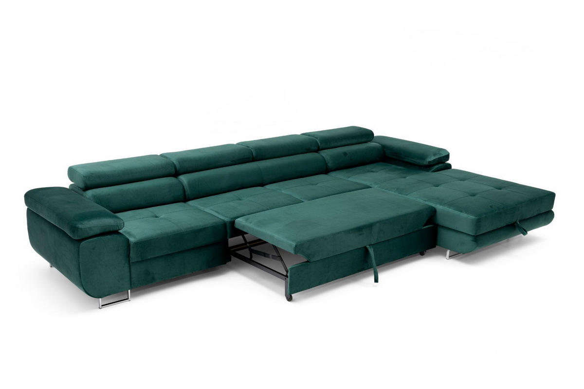 ECKSOFA ALONZO MAXI Rechts mit Schlaffunktion 125x195 Velours Grün - Silberfarben/Grün, Holz/Textil (203/350cm) - Muffo
