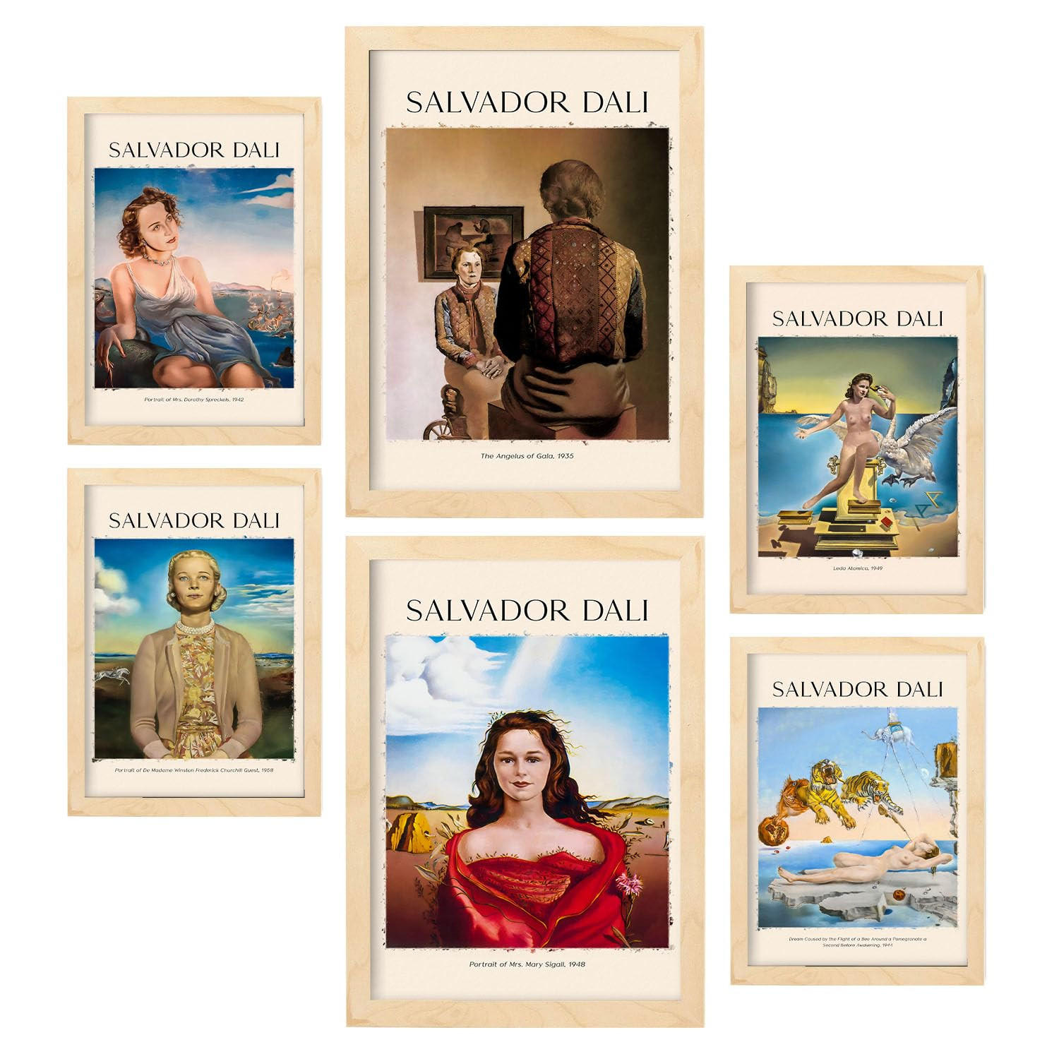 POSTER Set Mit 6 Salvador Dali 2 Sammlung A3 & A4 Rahmen Aus Hellem Holz - Beige, Papier (29/3cm) - Nacnic