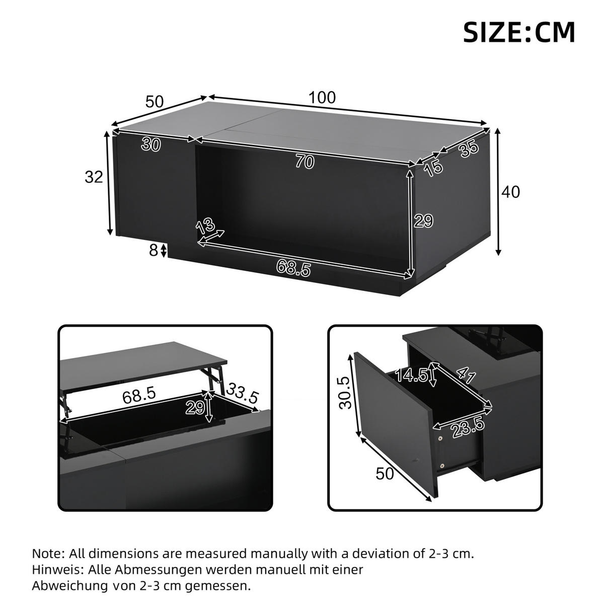 COUCHTISCH aus Spanplatte 100x50x40 cm Schwarz höhenverstellbar mit LED-Beleuchtung, Schublade und verstecktem Stauraum - Schwarz, Holzwerkstoff (100/50/40cm) - Modfu