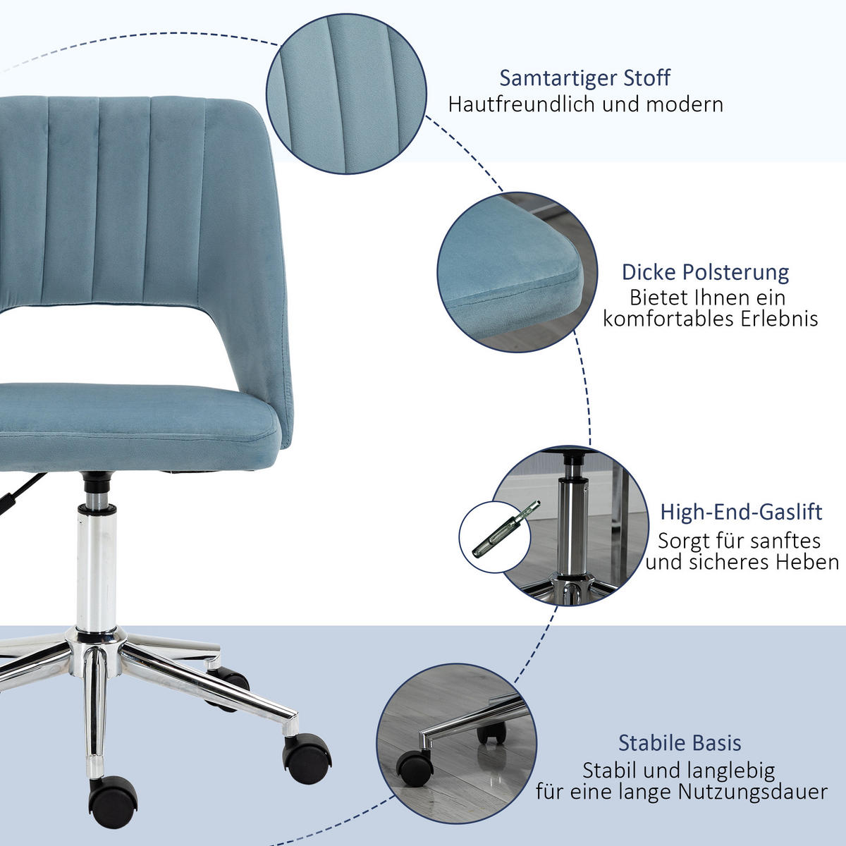 BÜROSTUHL Drehstuhl Jakobsmuschel-Form verstellbar Samtartiges Polyester Blau - Blau/Chromfarben, Textil/Metall (60/91/49cm) - Vinsetto