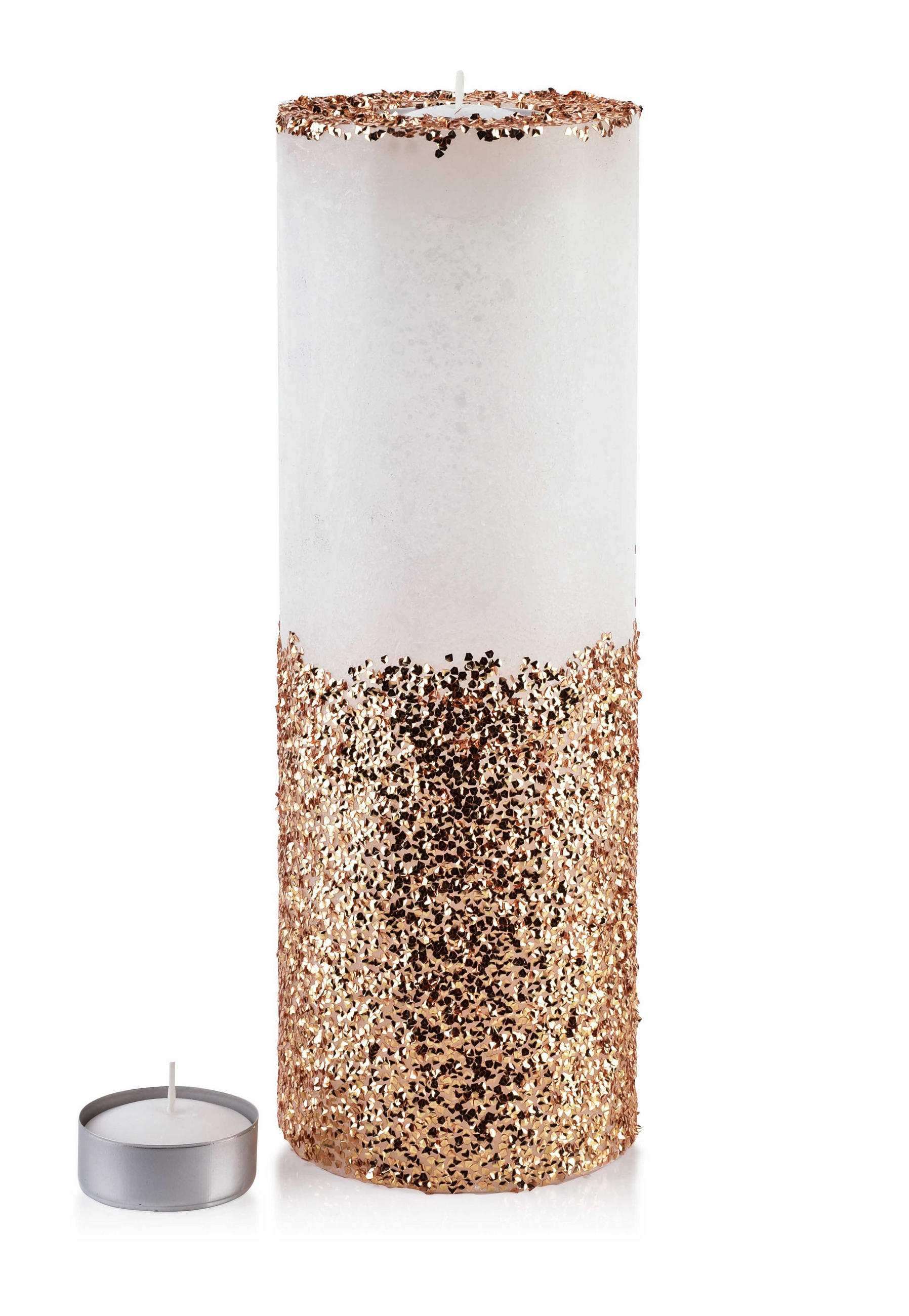 TEELICHTHALTER mit Teelight Basic Gold Weiß 12/12/35 cm Naturmaterial - Goldfarben/Weiß, Naturmaterialien (35cm) - Mondex