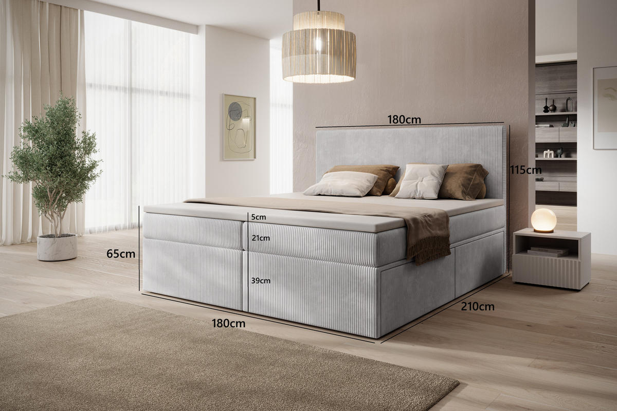 BOXSPRINGBETT Siena mit Schubladen und Topper, POSO-Cordstoff, 180x200 cm, Grau - Grau, Holz - PROMETO Möbel