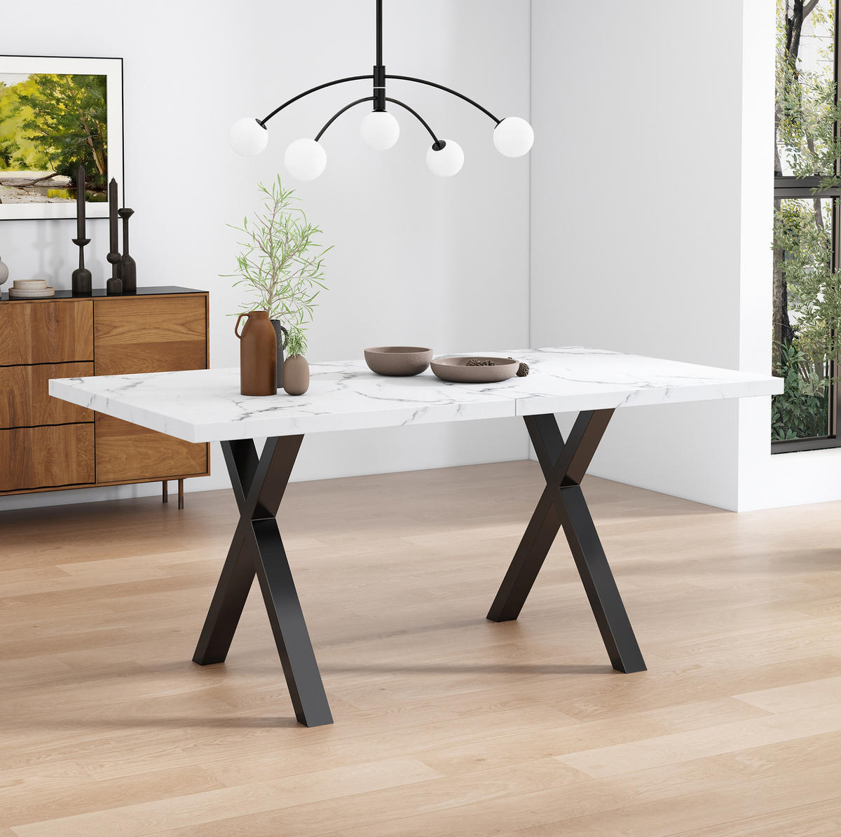 ESSTISCH 140/80/76 cm Weißer Marmorlook mit Kreuzgestell aus MDF und Metall - Weiß, Holzwerkstoff (140/80/76cm) - OKWISH