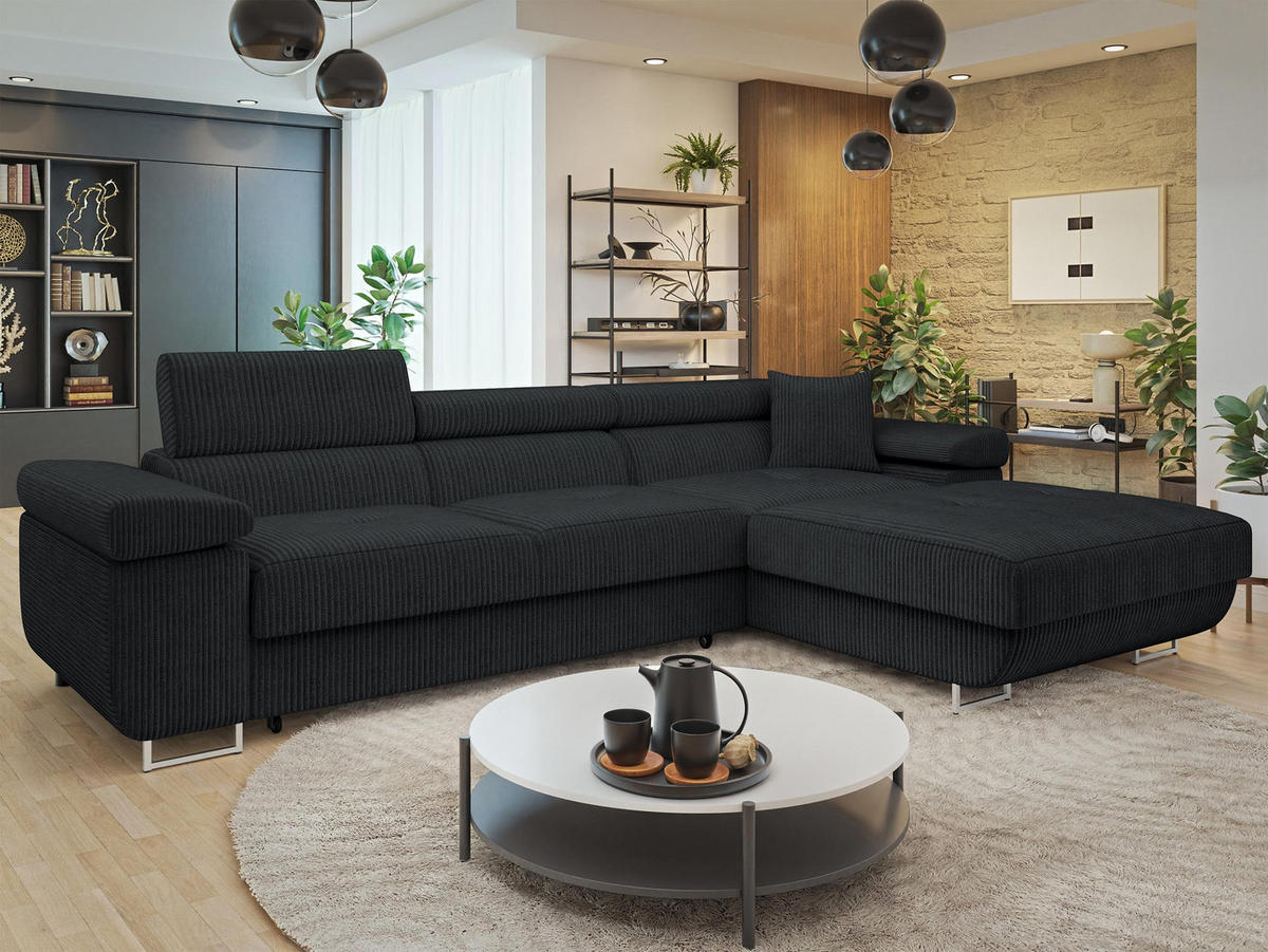 ECKSOFA Torezio Mini Cord, Seite: Rechts - Schwarz, Holz/Textil (280/170cm) - MIRJAN24