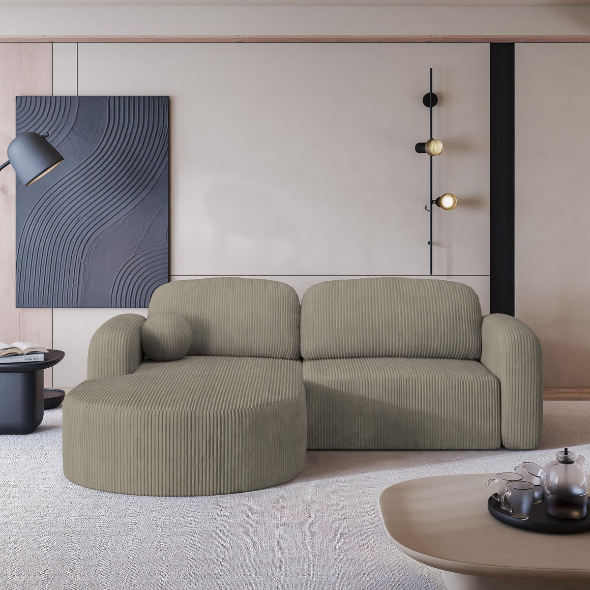 ECKSOFA AMILIA P L-S Beige Kordstoff mit Schlaffunktion - Beige, Holz (263/174cm) - MASSENO