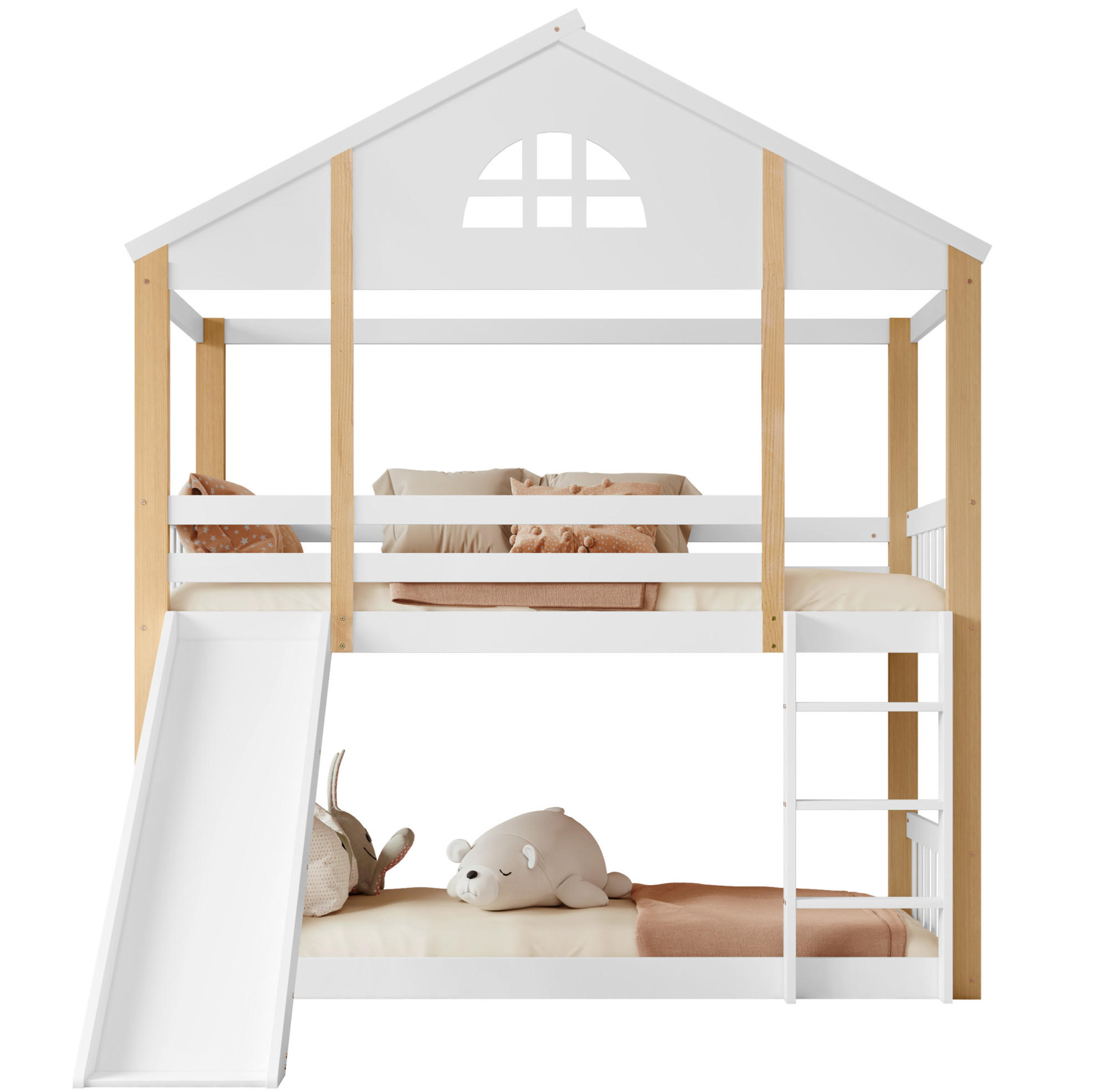 OKWISH POSCHODOVÁ posteľ 90/200 cm biela/prírodná so schodíkmi, šmykľavkou a oknom z masívu a MDF