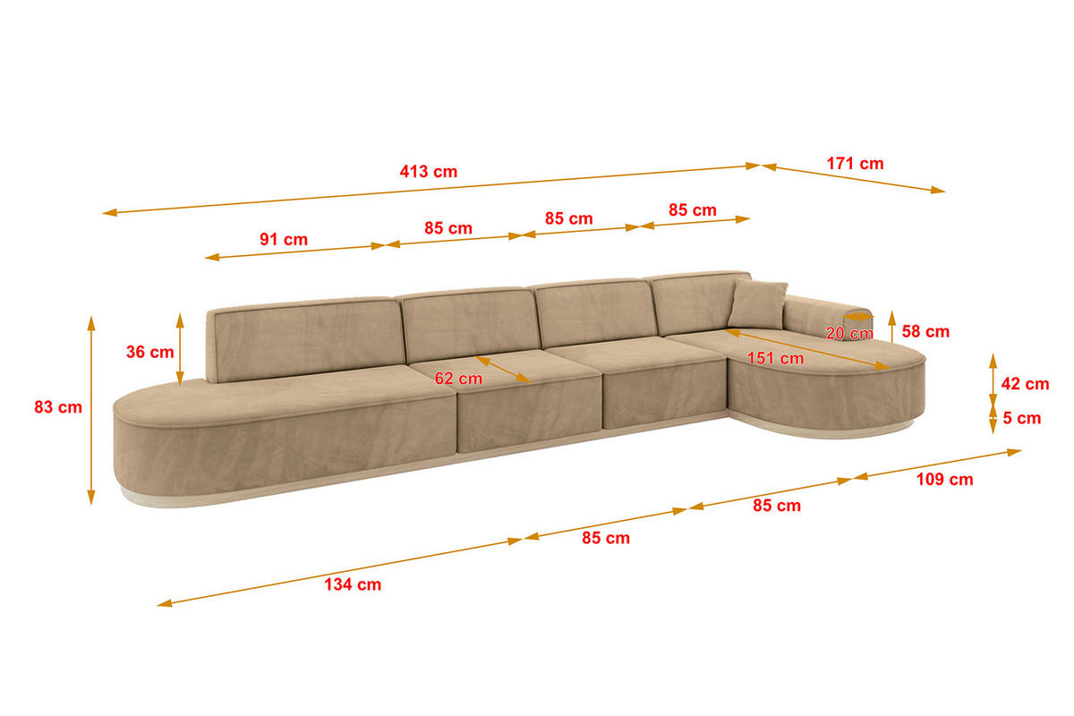 ECKSOFA Ottomane Rechts MARI-L3-v1 - 413x171x83 cm Taupe Velours - Taupe, Holzwerkstoff/Textil (171/413cm) - ALTDECOR
