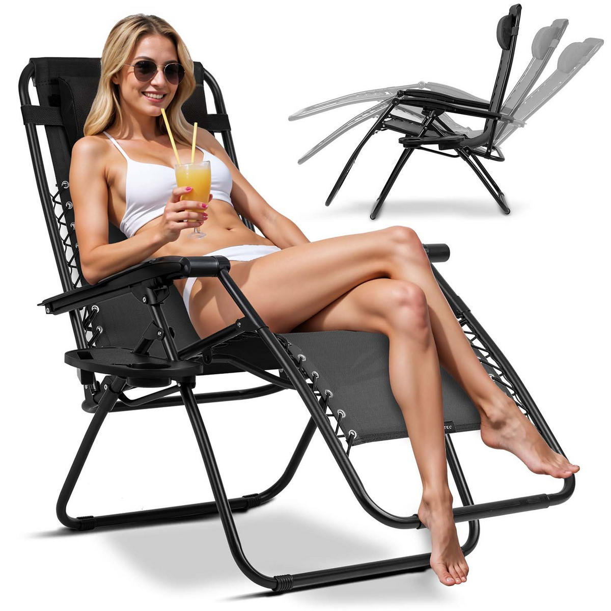 GARTEN-RELAXSESSEL Klappbarer mit Kissen, Schwarz - Schwarz, Metall (60/102/110cm)