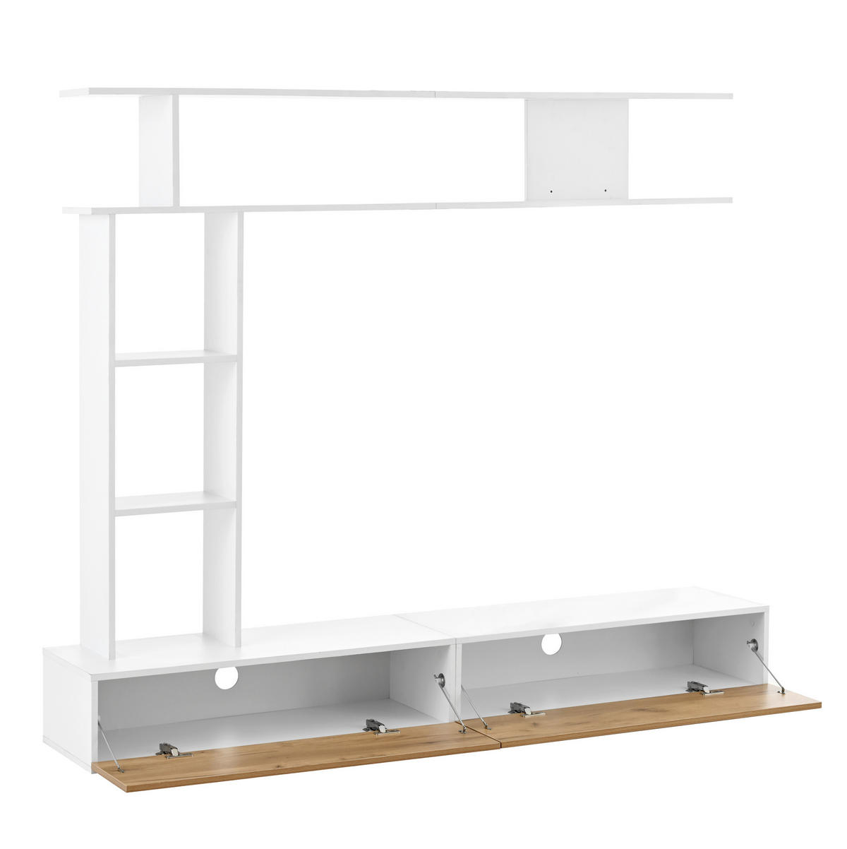 TV regal 180/35/150 cm bijelo i boja hrasta od iverala s policama i stojećom ili visećom montažom - bijela, drvni materijal (180/150/35cm) - OKWISH