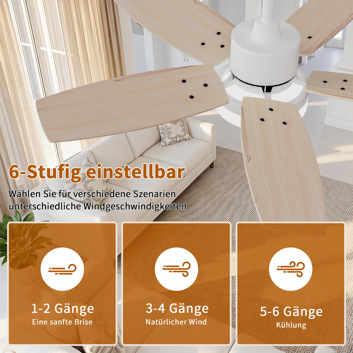 DECKENVENTILATOR mit LED-Licht, 106,6 cm, 5 Holzflügel, 6 Stufen & Timer - Naturfarben, Metall (106.6/106.6/39cm) - EuroLiving