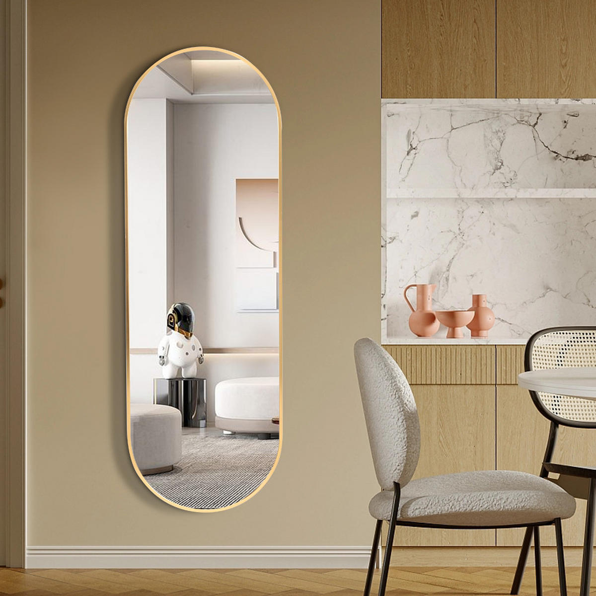 GANZKÖRPERSPIEGEL mit Goldenem Metalrahmen Kapselform Ästhetisches Design Wandmontage 120 L x 40 B x 2,8 D cm - Goldfarben, Glas/Metall (40/2.8/120cm) - Livingandhome