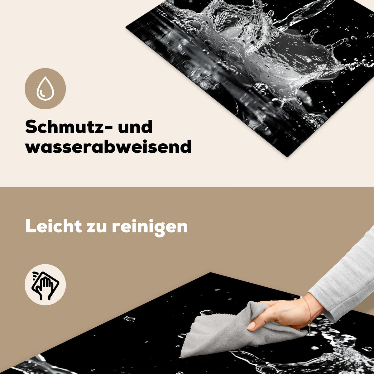 HERDABDECKPLATTE Wasser - Spritzwasser - Schwarz Herdabdeckung Induktionsfeld 65x52 cm - Schwarz, Kunststoff (65/52/0.2cm) - MuchoWow