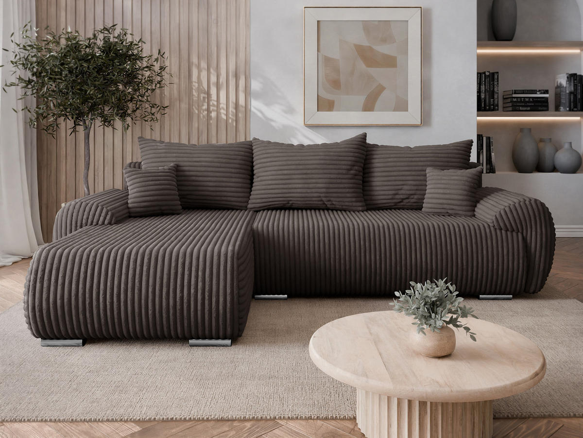 ECKSOFA Ubo L Cord, Seite: Links - Silberfarben/Braun, Holz/Kunststoff (282/187cm) - MIRJAN24