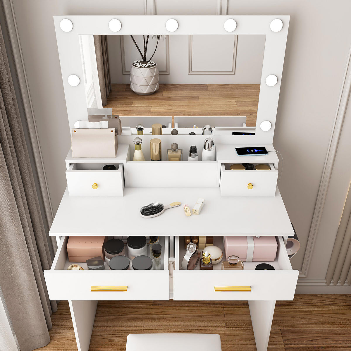 SCHMINKTISCH-SET 80 cm in Weiß mit LED-Spiegel - Weiß, Holzwerkstoff (80/137/40cm) - Urban Meuble