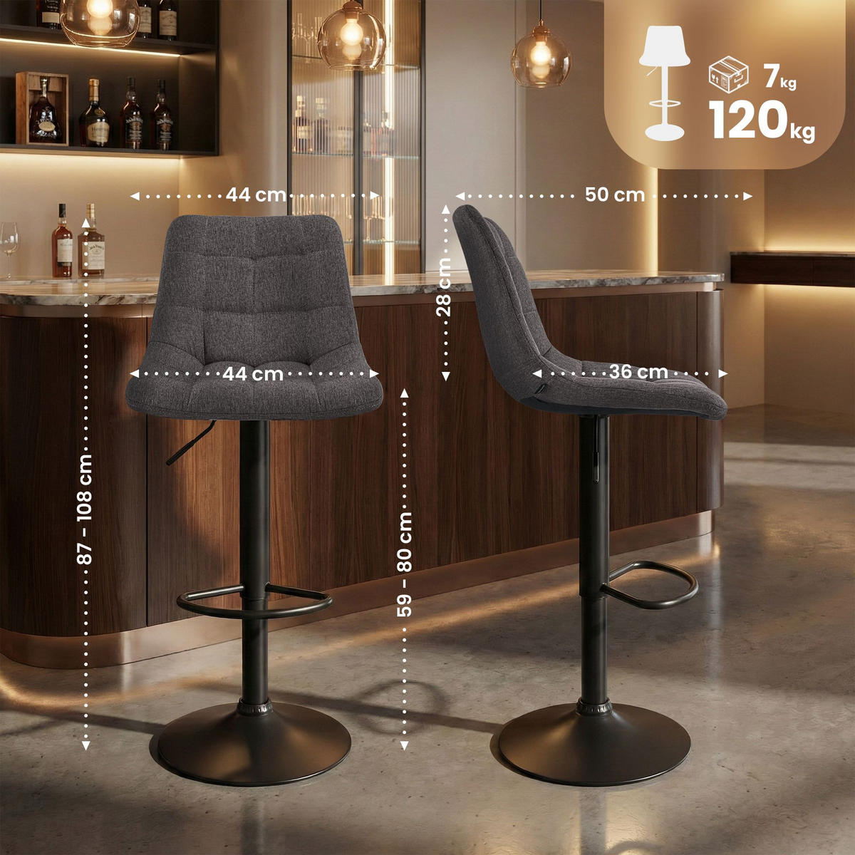 BARHOCKER Stoff Dunkelgrau - Dunkelgrau/Schwarz, Textil/Metall (44/108/50cm) - CLP