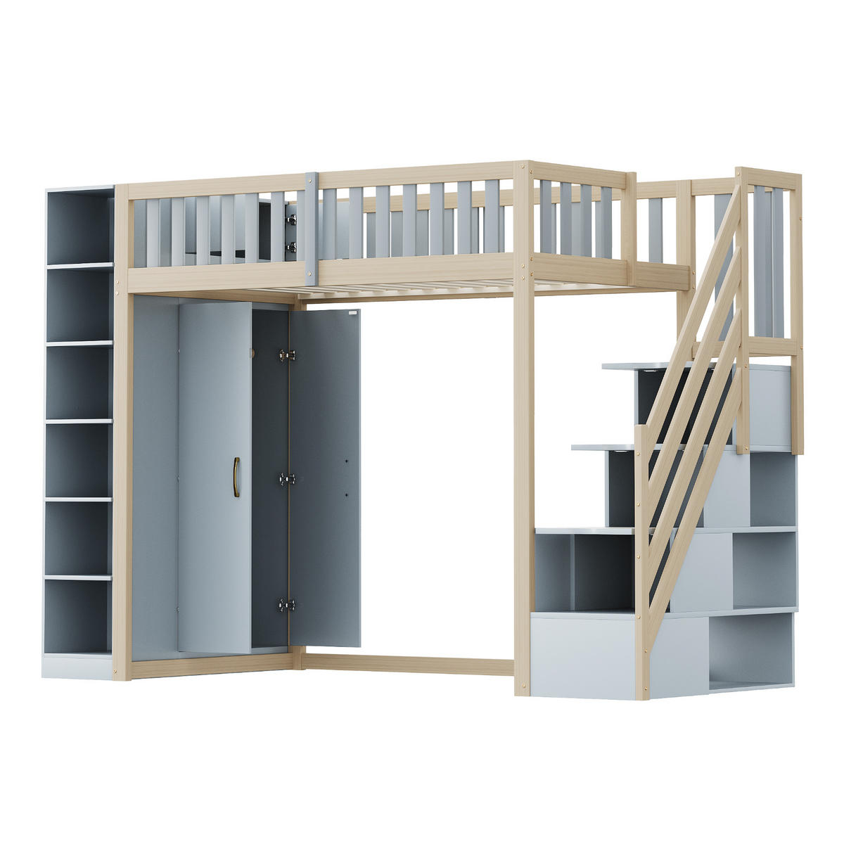 HOCHBETT 90/200 cm in Grau & Natur Kinderbett mit Regalen, Kleiderschrank und Schubladen - Naturfarben/Grau, Holz/Holzwerkstoff (90/200cm) - STILVORA